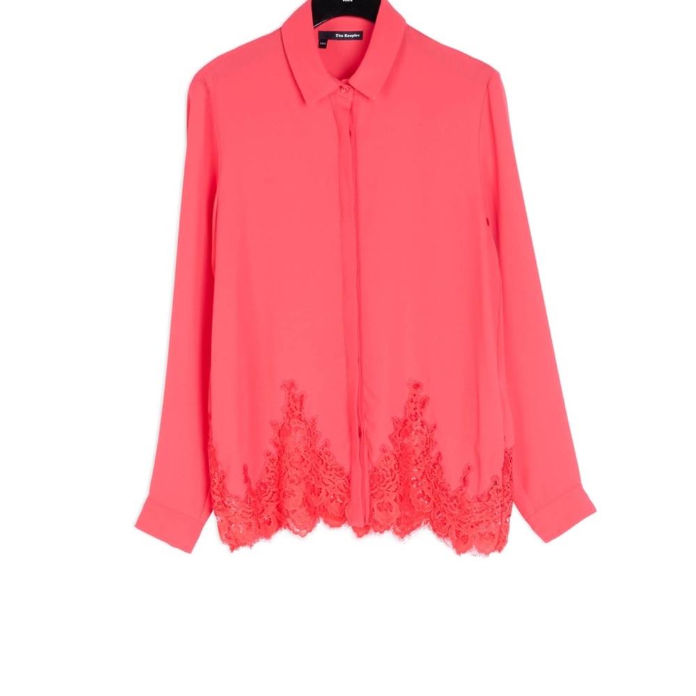 The Kooples Blouse, Extra Small, Crepe and Lace, Button Down Shirt, Watermelon